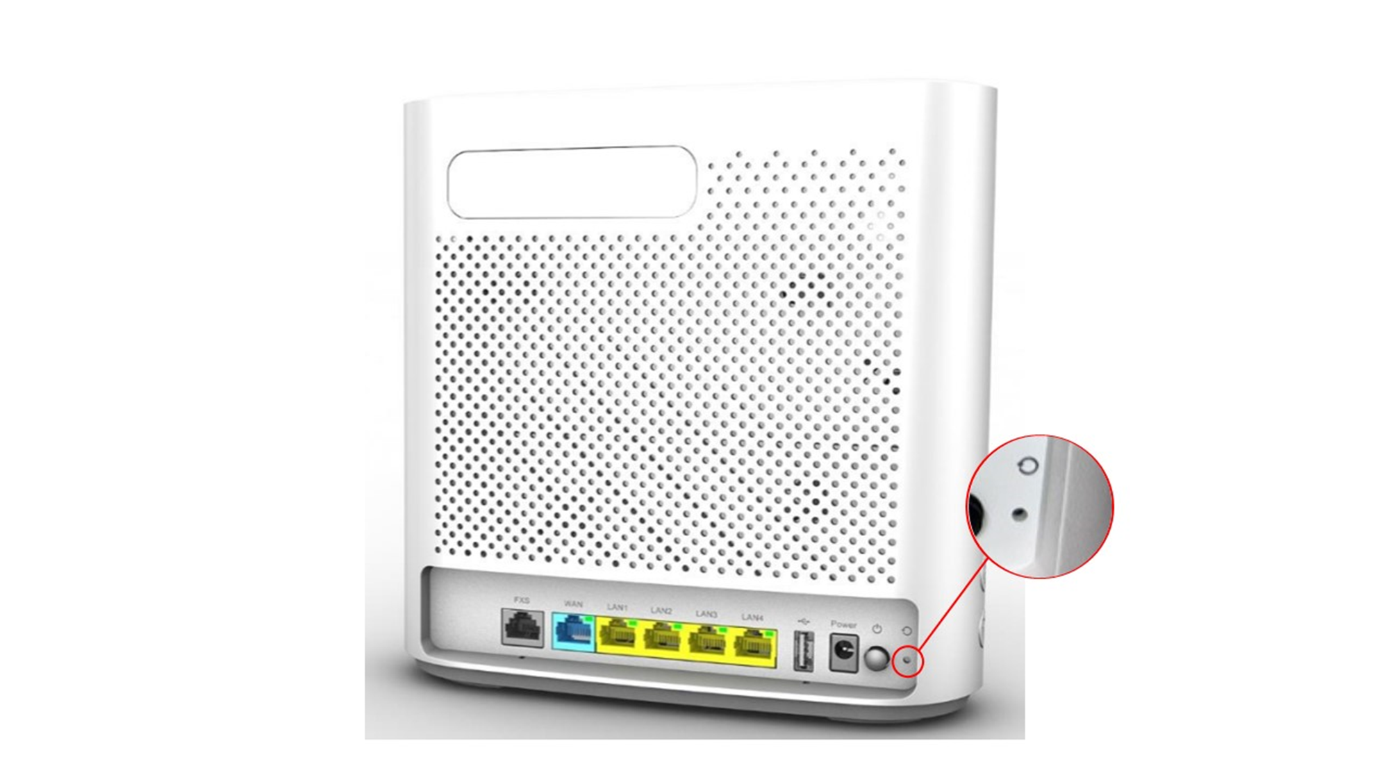 Image of the back of the Futura modem, showing the reset hole